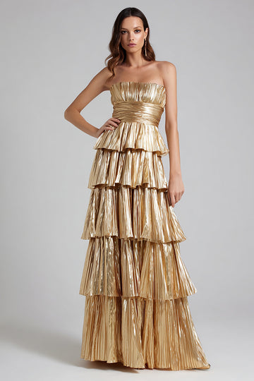 Strapless A-Line Tiered Pleated Gold Prom Dress